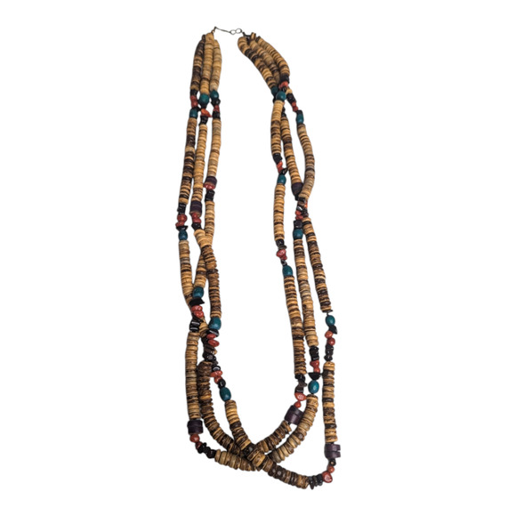 Boho Multi Layered Chunky Multi Colored Wooden Beaded Long Vintage Necklace - Picture 4 of 6